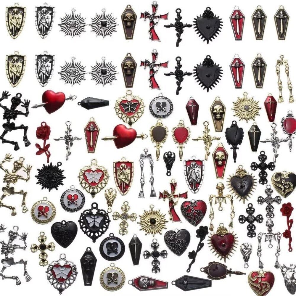 Baroque 64pcs Assorted Gold Black Red Rose Skull Enamel Charms Coffin Cross Hall